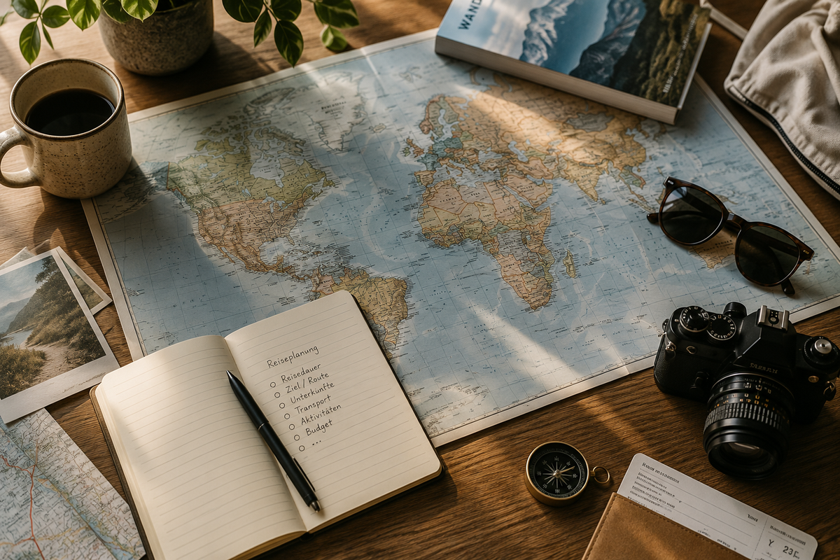 Weltkarte mit Notizbuch, Kamera und Reiseutensilien zur Planung einer Reise